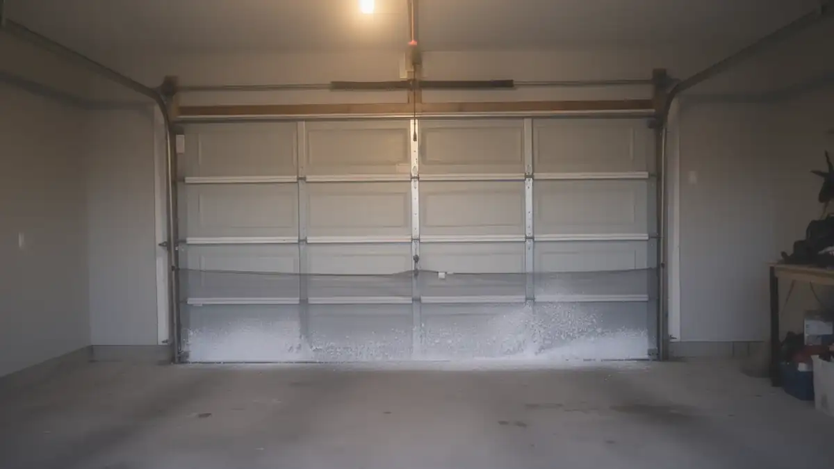 A closed garage door has a black mesh screen and snow at the bottom.