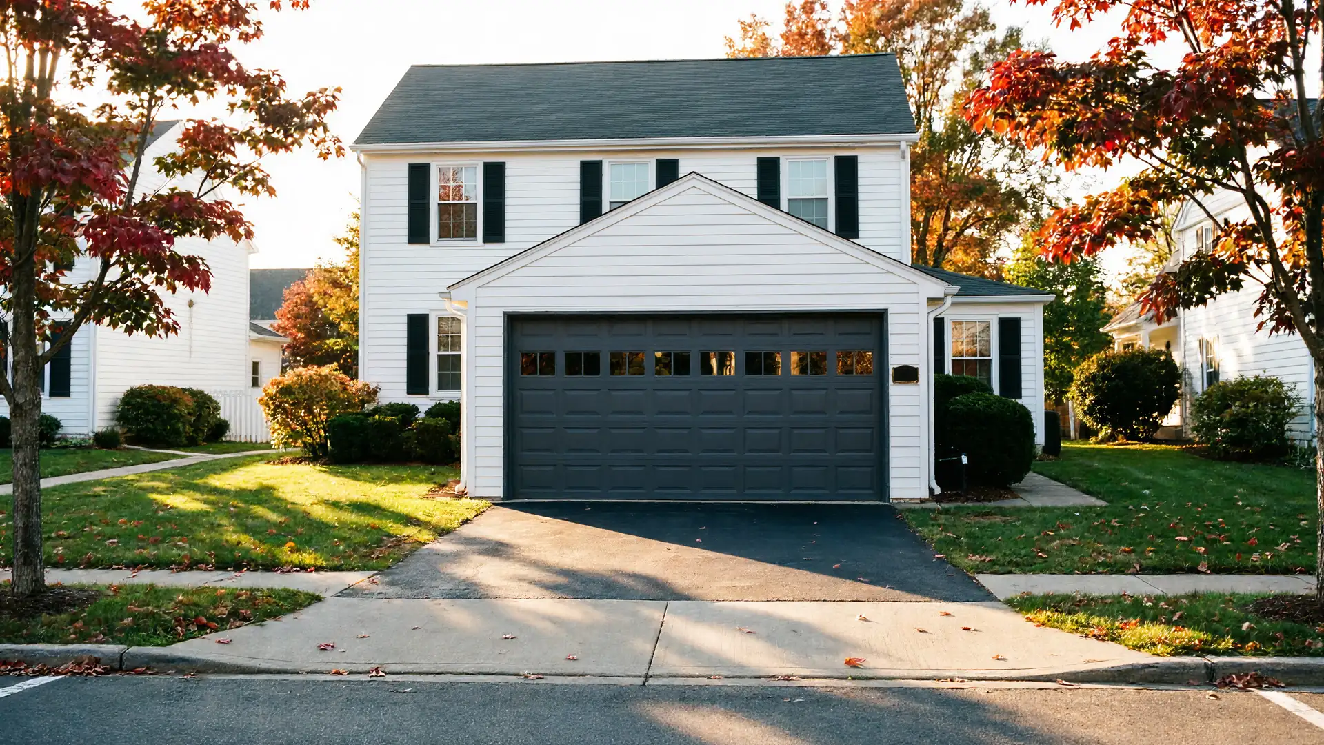 The house has a dark gray garage door with windows and white siding.