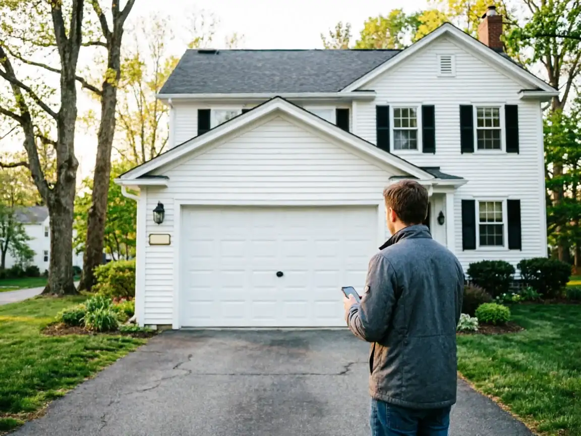A man stands in a driveway looking at a white house with a white garage door.