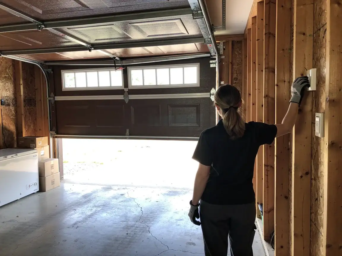A technician in gloves adjusts a white control panel next to an open brown garage door.