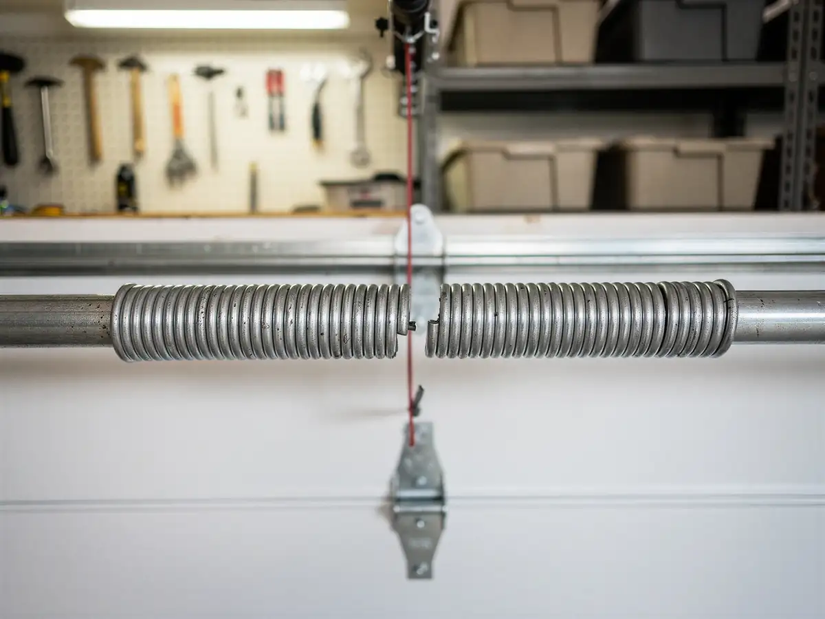 A broken torsion spring is visible above a white garage door.